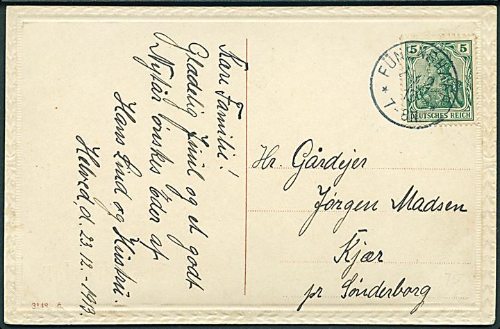 5 pfg. Germania på brevkort annulleret med 1-ringsstempel Fünenshaff d. 23.12.1913 til Kjær pr. Sønderborg.
