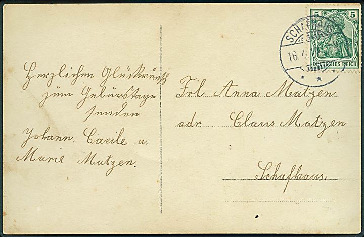 5 pfg. Germania på lokalt brevkort (Familie ved landejendom) stemplet Schafhaus d. 16.4.1914.