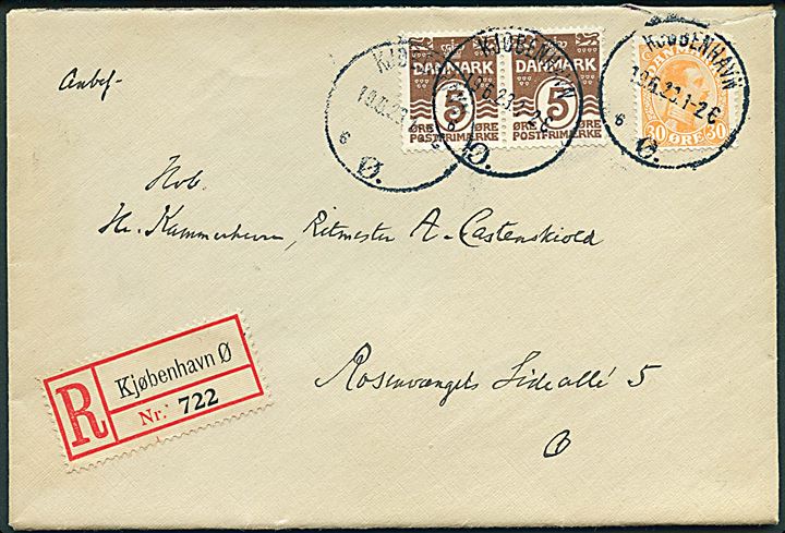 5 øre Bølgelinie i parstykke og 30 øre Chr. X på lokalt anbefalet brev i Kjøbenhavn d. 19.6.1923.