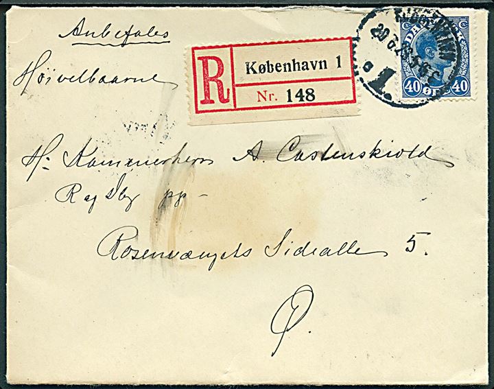 40 øre Chr. X single på lokalt anbefalet brev i Kjøbenhavn d. 29.6.1923.