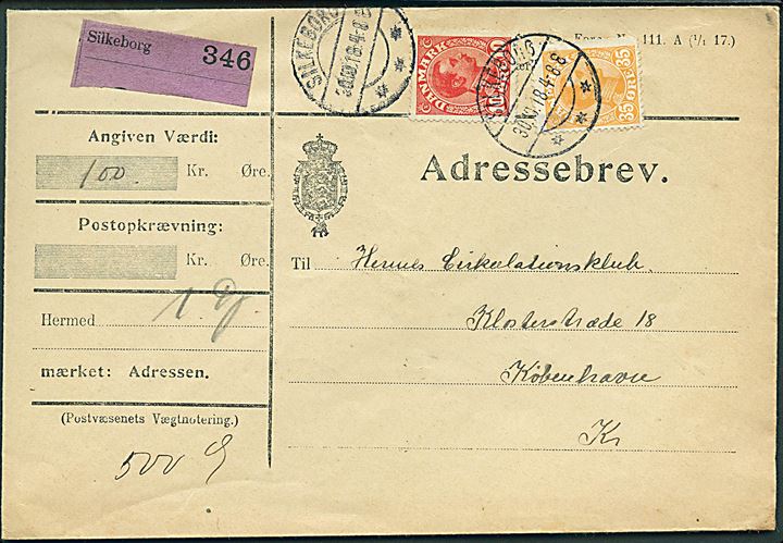 10 øre og 35 øre Chr. X på adressebrev for værdipakke fra Silkeborg d. 30.10.1918 til København.