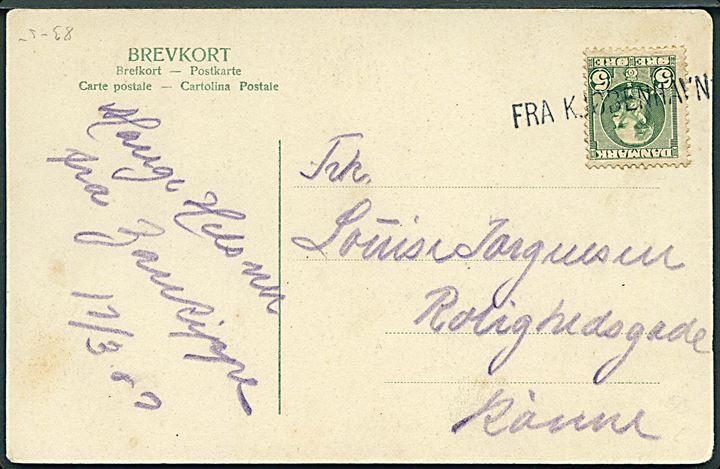 5 øre Chr. IX på brevkort dateret d. 17.3.1907 annulleret med skibsstempel Fra Kjøbenhavn til Rønne, Bornholm.