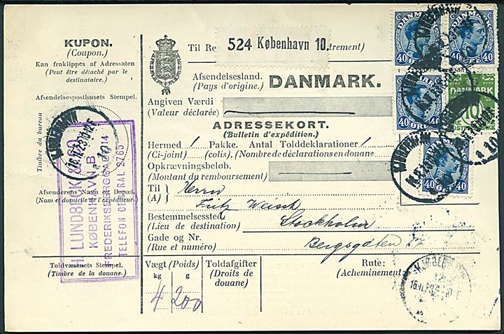 10 øre Bølgelinie og 40 øre Chr. X (4) på 170 øre frankeret internationalt adressekort for pakke fra Kjøbenhavn  d. 16.11.1923 til Stockholm, Sverige.