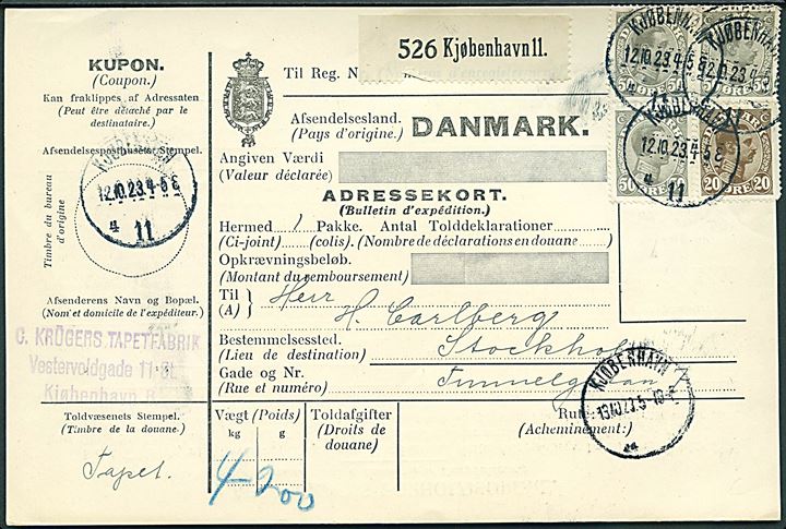 20 øre og 50 øre (3) Chr. X på 170 øre frankeret internationalt adressekort for pakke fra Kjøbenhavn d. 12.10.1923 til Stockholm, Sverige.