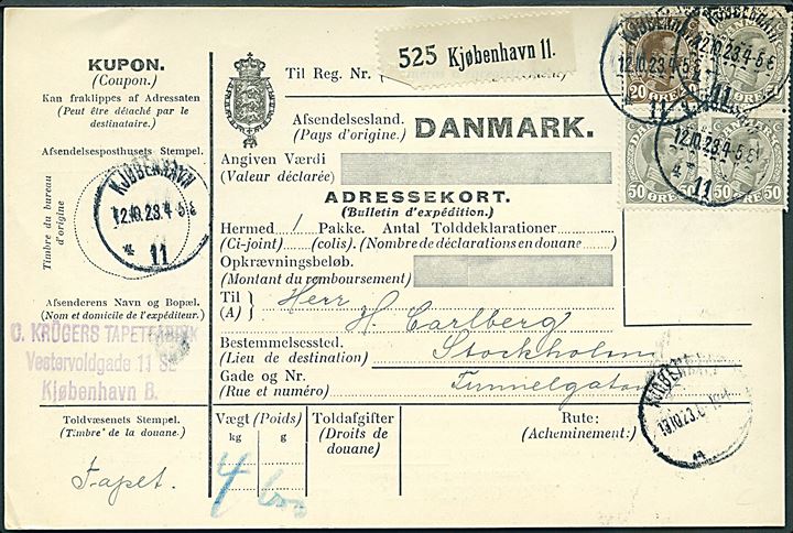 10 øre Bølgelinie og 40 øre Chr. X (4) på 170 øre frankeret internationalt adressekort for pakke fra Kjøbenhavn Valby d. 12.10.1923 til Stockholm, Sverige.