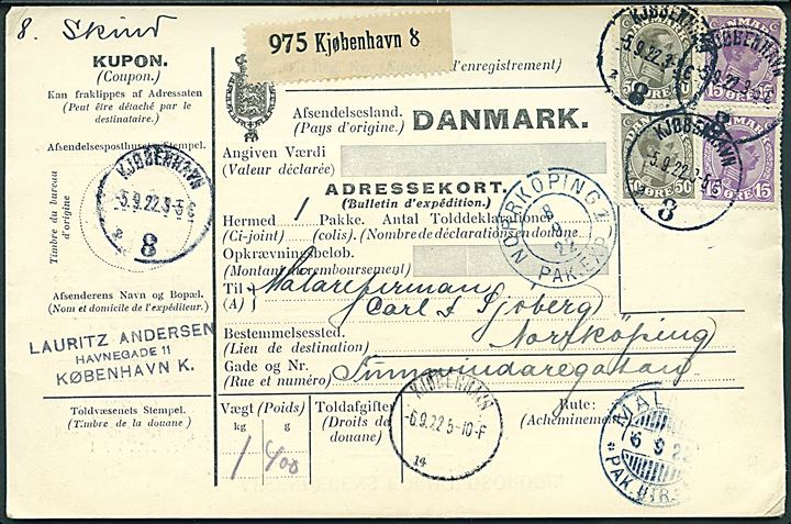15 øre (par) og 50 øre (2) Chr. X på 130 øre frankeret internationalt adressekort for pakke fra Kjøbenhavn 8 d. 5.9.1922 via Malmö til Norrköping, Sverige.