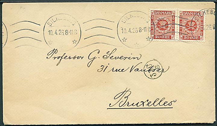 20 øre Frimærkejubilæum i parstykke på brev fra Silkeborg d. 10.4.1926 til Bruxelles, Belgien.