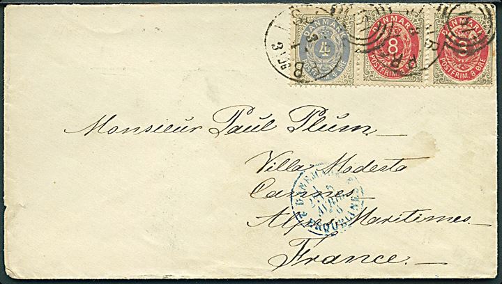 4 øre og 8 øre (par) Tofarvet på brev annulleret med kombineret nr.stempel 181/V.SJ.JB.PB. d. 3.4.1876 til Cannes, Frankrig. Fransk blåt grænsestempel.