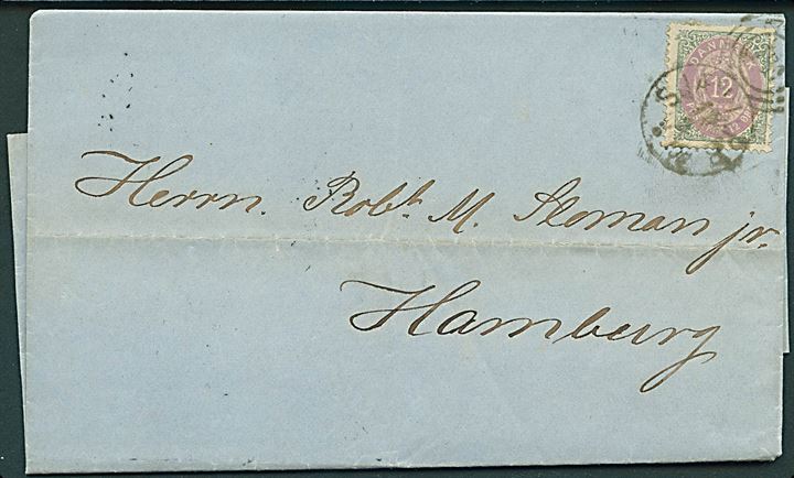 12 øre Tofarvet på brev fra Kjøbenhavn annulleret med kombineret nr.stempel 181/SJÆLL.P.B. d. 15.2.1879 til  Hamburg. 