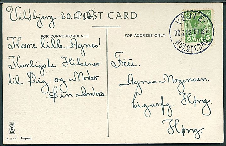 5 øre Chr. X på brevkort dateret i Vildbjerg annulleret med smukt bureaustempel Vejle - Holstebro T.1187 d. 30.6.1916 til Høng.