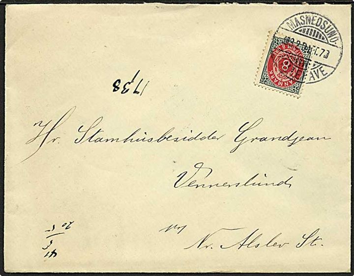 8 øre Tofarvet omv. ramme på brev annulleret med bureaustempel Masnedsund - Kallehave T.7 d. 8.2.1901 til Nr. Alslev.