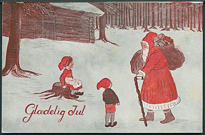 Glædelig Jul. Julemanden iført rød kåbe og 2 børn. U7no. 