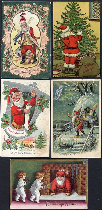 Julemænd i rød kåbe. 9 amerikanske julekort 1906-ca. 1920.  Kvalitet Mix