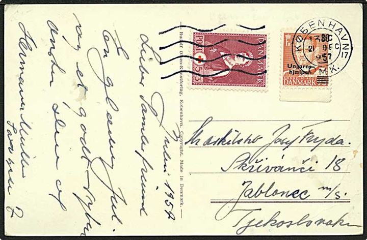 30+5/95 øre Ungarnshjælp og 5+3 øre Røde Kors på brevkort fra København d. 21.12.1957 til Jablonec, Tjekkoslovakiet.