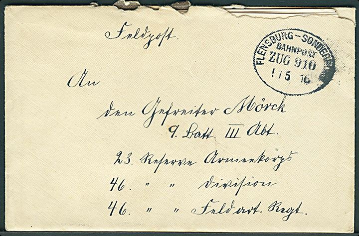 Ufrankeret feltpostbrev fra Holebüll med bureaustempel Flensburg - Sonderburg Bahnpost Zug 910 d. 1.5.1916 til sønderjysk soldat i 46. Reserve Feltartilleri Regiment.