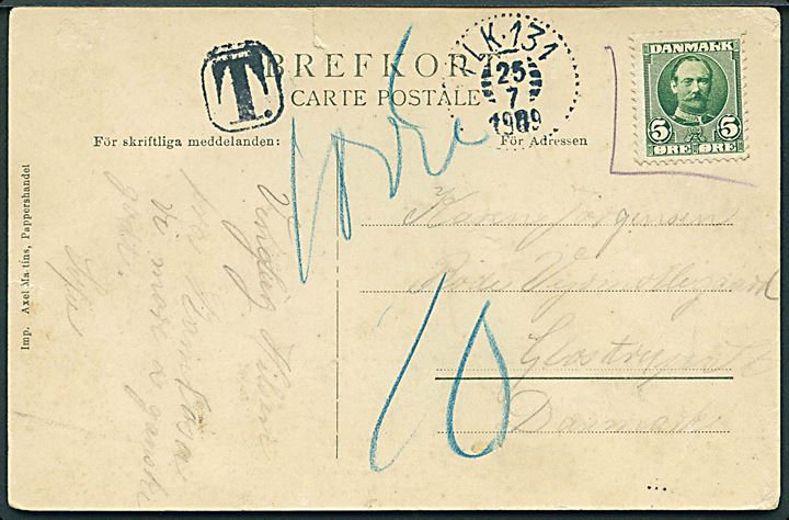 5 øre Fr. VIII markeret ugyldig på brevkort fra Ramlösa Brunn, Sverige med svensk bureaustempel PLK 131 (= Hässleholm-Helsingborg) d. 25.7.1909 til Røde Vejrmøllegaard pr Glostrup, Danmark. Udtakseret i 10 øre porto.