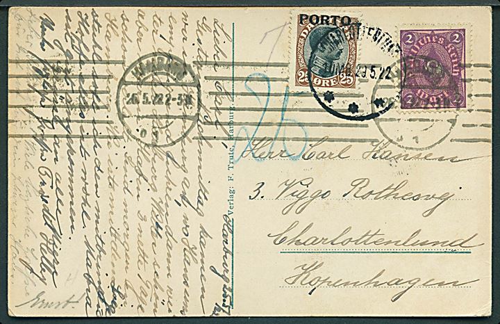 2 mk. infla udg. på underfrankeret brevkort fra Hamburg d. 26.5.1922 til Charlottenlund, Danmark. Udtakseret i porto med 25 øre Porto-provisorium stemplet Charlottenlund d. 29.5.1922.
