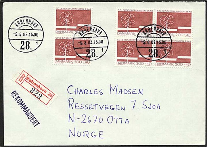 200+40 øre Scleroseforeningen i parstykke og fireblok på anbefalet brev fra København 28 d. 98.1982 til Otta, Norge.