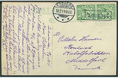 ½d George V i parstykke på brevkort (Shotley Barracks) dateret Parkstone d. 18.2.1914 og annulleret med skibsstempel Paquebot og sidestemplet Esbjerg d. 19.2.1914 til Middelfart, Danmark. Begge mærker med takningsmangler.