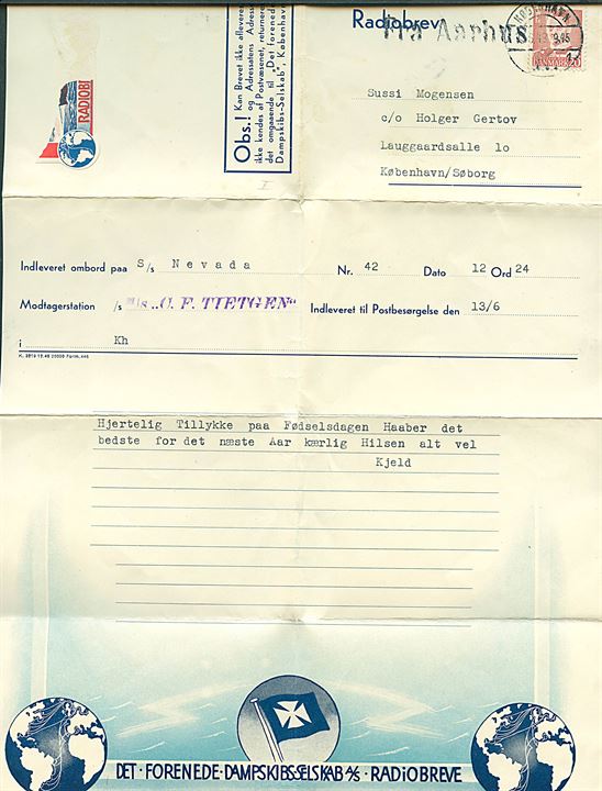 20 øre Fr. IX på DFDS Radiobrev formular (K.3219 12.48 20000 Form. 446) fra S/S Nevada modtaget af provinsbåden M/S C. F. Tietgen annulleret København d. 13.6.1949 og sidestemplet Fra Aarhus til København.