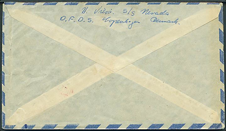 1 c., 5 c. og 1,50 p. Eva Reron på luftpostbrev annulleret med belgisk stempel i Antwerpen d. 31.10.1953 og sidestemplet med privat skibsstempel S/S Nevada til København, Danmark.