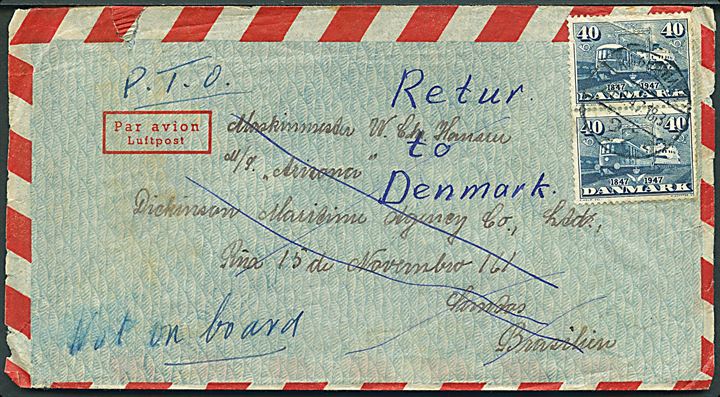 40 øre DSB Jubilæum i parstykke på luftpostbrev fra København d. 26.9.1947 til sømand ombord på DFDS skibet M/S Arizona i Santos, Brasilien. Retur med påskrift Not on board.