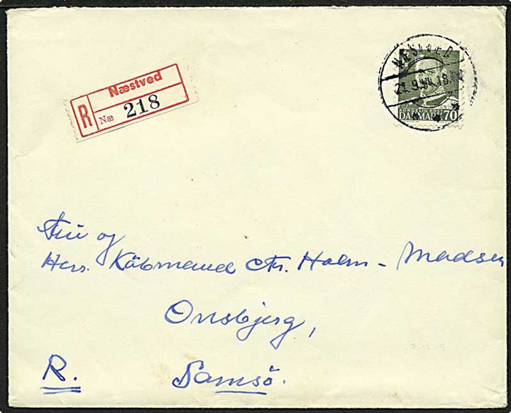 70 øre Fr. IX single på anbefalet brev fra Næstved d. 21.9.1954 til Onsbjerg på Samsø.