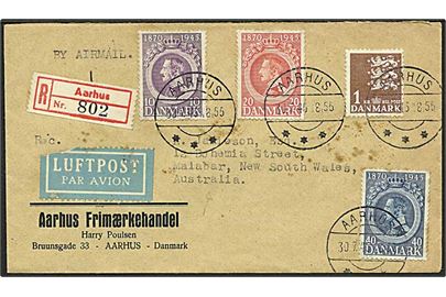 Komplet sæt Chr. X 75 år og 1 kr. Rigsvåben på anbefalet luftpostbrev fra Aarhus d. 30.7.1946 til Malabar, Australien.
