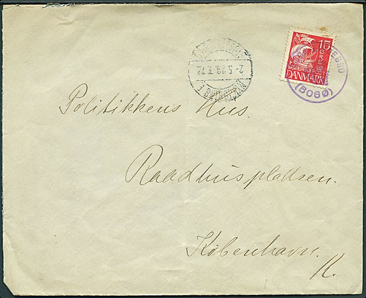 15 øre Karavel på brev annulleret med posthornstempel BOGØ - LINDEBRO (BOGØ) og sidestemplet med bureaustempel Nykjøbing F. - Stubbekjøbing T.72 d. 2.5.1929 til København.