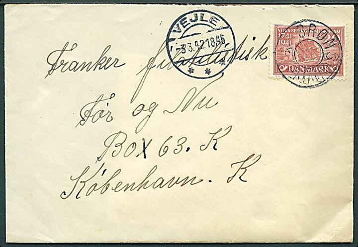 20 øre Vitus Bering på brev annulleret med udslebet stjernestempel BRØNSODDE og sidestemplet Vejle d. 3.3.1942 til København.