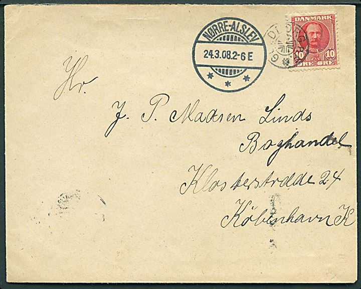 10 øre Fr. VIII på brev annulleret med stjernestempel GULDBORG p.F. og sidestemplet Nørre-Alslev d. 24.3.1908 til København.