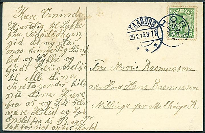 5 øre Chr. X på brevkort annulleret med stjernestempel HORNE og sidestemplet Faaborg d. 29.2.1916 (skuddag) til Millinge. Anvendt ca. 1½ måned tidligere end registreret i Skilling.
