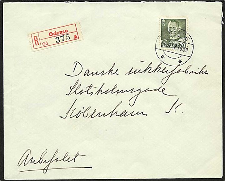 70 øre Fr. IX single på anbefalet brev fra Odense d. 4.8.1952 til København K.