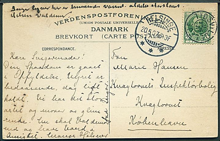 5 øre Fr. VIII på brevkort (Parti fra Tisvildeleje) annulleret med stjernestempel TIDSVILDELEJE og sidestemplet Helsinge d. 20.5.1907 til København. Anvendt 1 måned tidligere end registreret i Skilling.