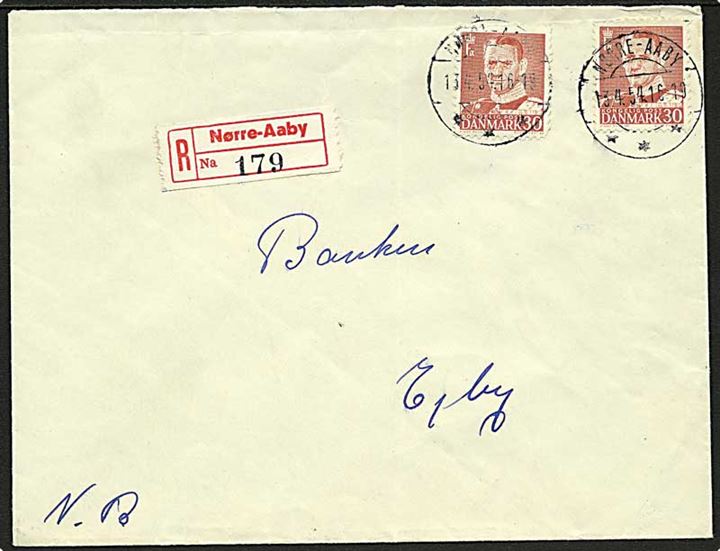 30 øre Fr. IX (2) på anbefalet brev fra Nørre-Aaby d. 13.4.1954 til Ejby. Bagklap mgl.