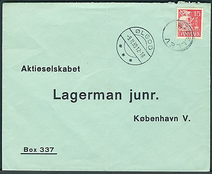 15 øre Karavel på brev annulleret med udslebet stjernestempel STRELLEV og sidestemplet Ølgod d. 9.11.1939 til København.