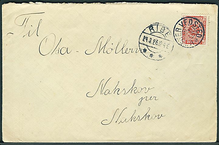 20 øre Frimærkejubilæum på brev annulleret med stjernestempel VESTER VEDSTED og sidestemplet Ribe d. 24.3.1926 til Nakskov.