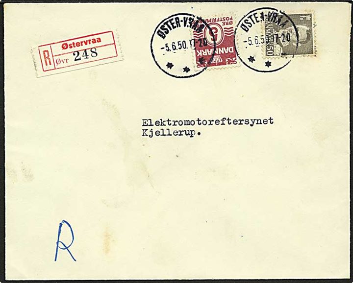 50 øre Fr. IX og 5 øre Bølgelinie på anbefalet brev annulleret med brotype IIIc stempel Øster-Vraa d. 5.6.1950 til Kjellerup.