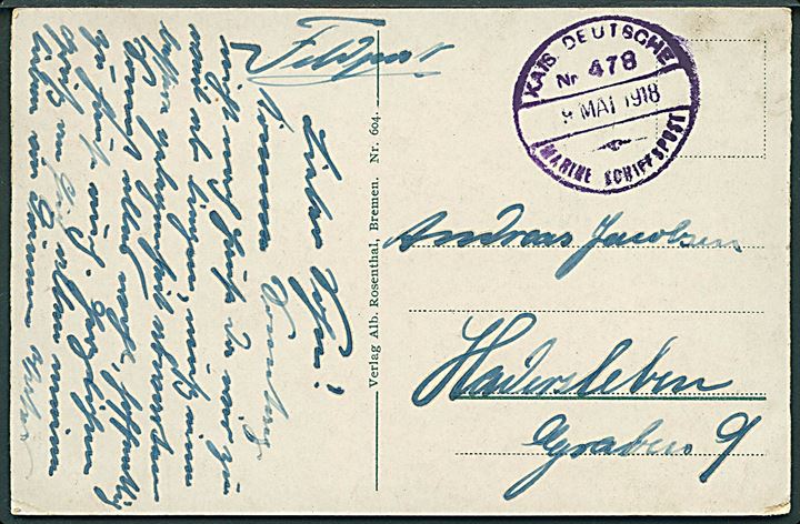 Ufrankeret marine-feldpostbrevkort (Parti fra Bremerhaven) fra sønderjyde stemplet Kais. Deutsche Marine Schiffspost Nr. 478 (= 14. Minensuch-Halbflottille) til Hadersleben.