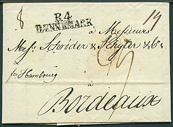 1804. Francobrev fra København d. 21.7.1804 til Bordeaux, Frankrig. Påskrevet: Fco. Hambourg og stemplet: R.4 / DÆNNEMARK. Flere portostempler.