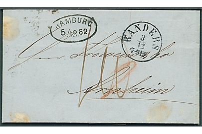 1862. Portobrev med antiqua Randers d. 3.12.1862 via K.D.O.P.A. Hamburg til Arnheim, Holland. Flere påtegninger.