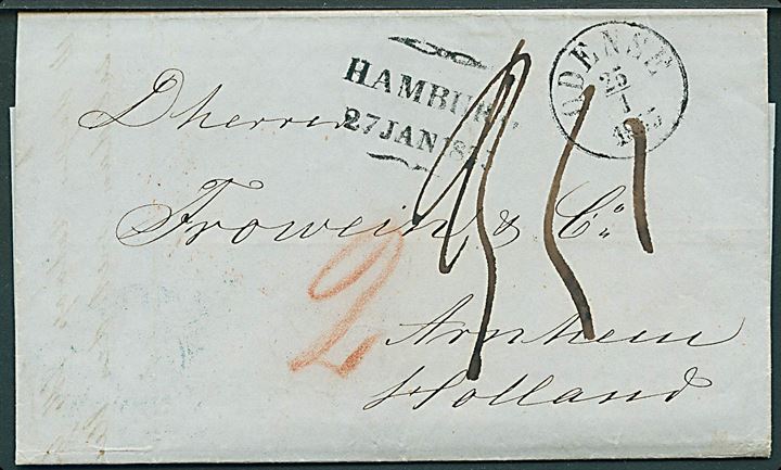 1855. Ufrankeret portobrev med antiqua Odense d. 25.1.1855 via K.D.O.P.A. Hamborg til Arnheim, Holland. På bagsiden rødt rammestempel: HAMBURG / A. Flere portopåtegninger.