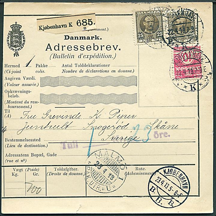 10 øre Bølgelinie og 25 øre Fr. VIII (2) på internationalt adressekort for pakke fra KJøbenhavn d. 22.4.1913 via Malmö til Snogerød, Skåne, Sverige.