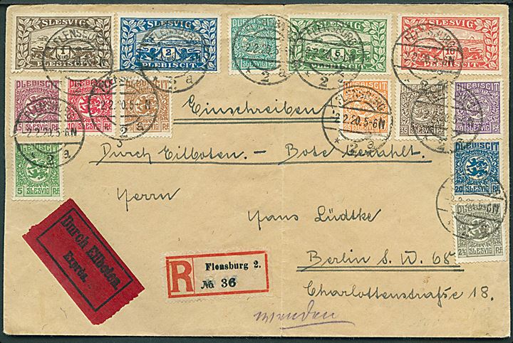 Komplet sæt Fælles udg. på stort filatelistisk brev sendt som anbefalet ekspres fra Flensburg d. 2.2.1920 til Berlin. Fold.