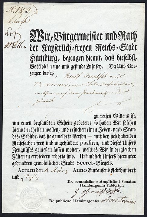 1806. Hamburg sundhedspas for rejsende med papirsegl dateret d. 4.3.1800.