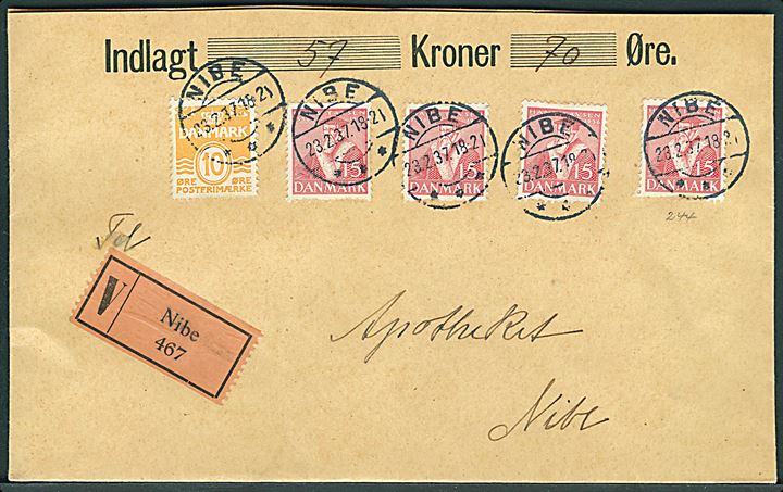 10 øre Bølgelinie og 15 øre Tavsen (4) på lokalt værdibrev i Nibe d. 23.2.1937. 