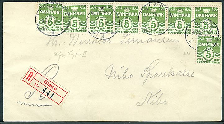 5 øre Bølgelinie (8) på anbefalet brev fra Blære d. 18.8.1938 til Nibe.