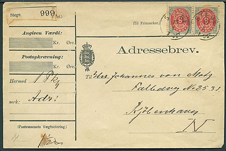 8 øre Tofarvet omv. rm. i parstykke på adressekort annulleret med lapidar Stege d. 17.8.1889 til Kjøbenhavn.