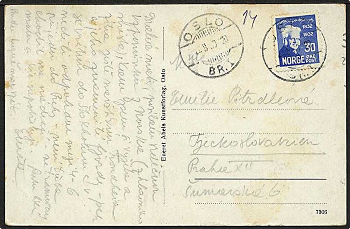 30 øre Bjørnson på brevkort fra Oslo d. 22.8.1933 til Prag, Tjekkoslovakiet.