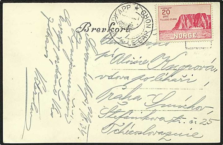 20+25 øre Nordkap I på brevkort med 2-sproget stempel Nordkapp d. 22.8.1937 til Prag, Tjekkoslovakiet. Mærke ikke berørt af stempel.